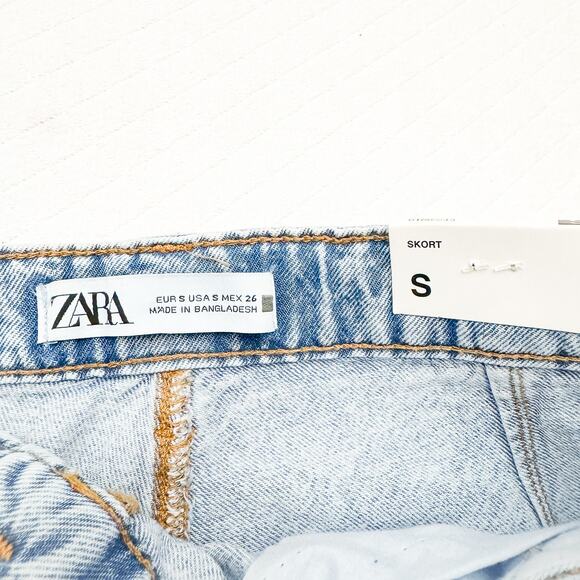 Zara Vintage Acid Wash Denim Skort Front Pockets Size Small NWT - Picture 4 of 7